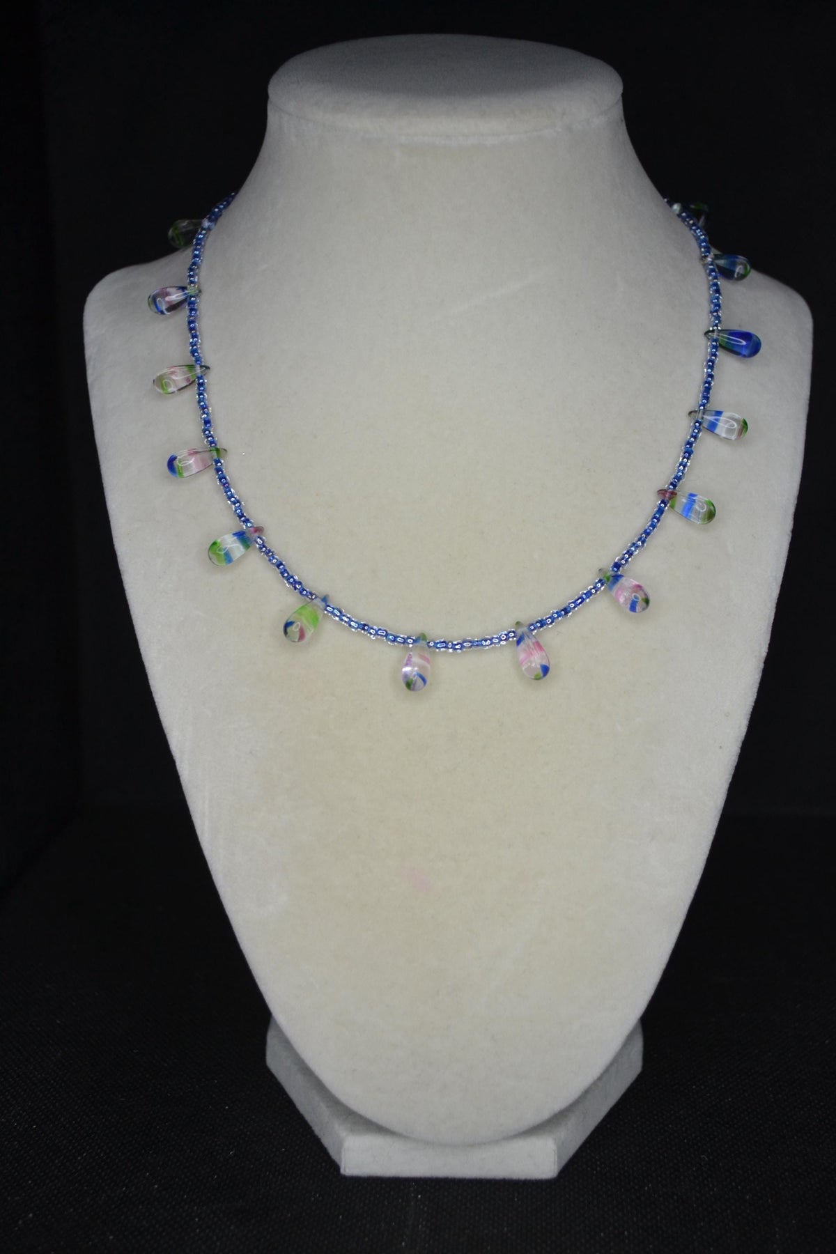 Multicolor glass bead necklace. Sea blue and tie dye drops
