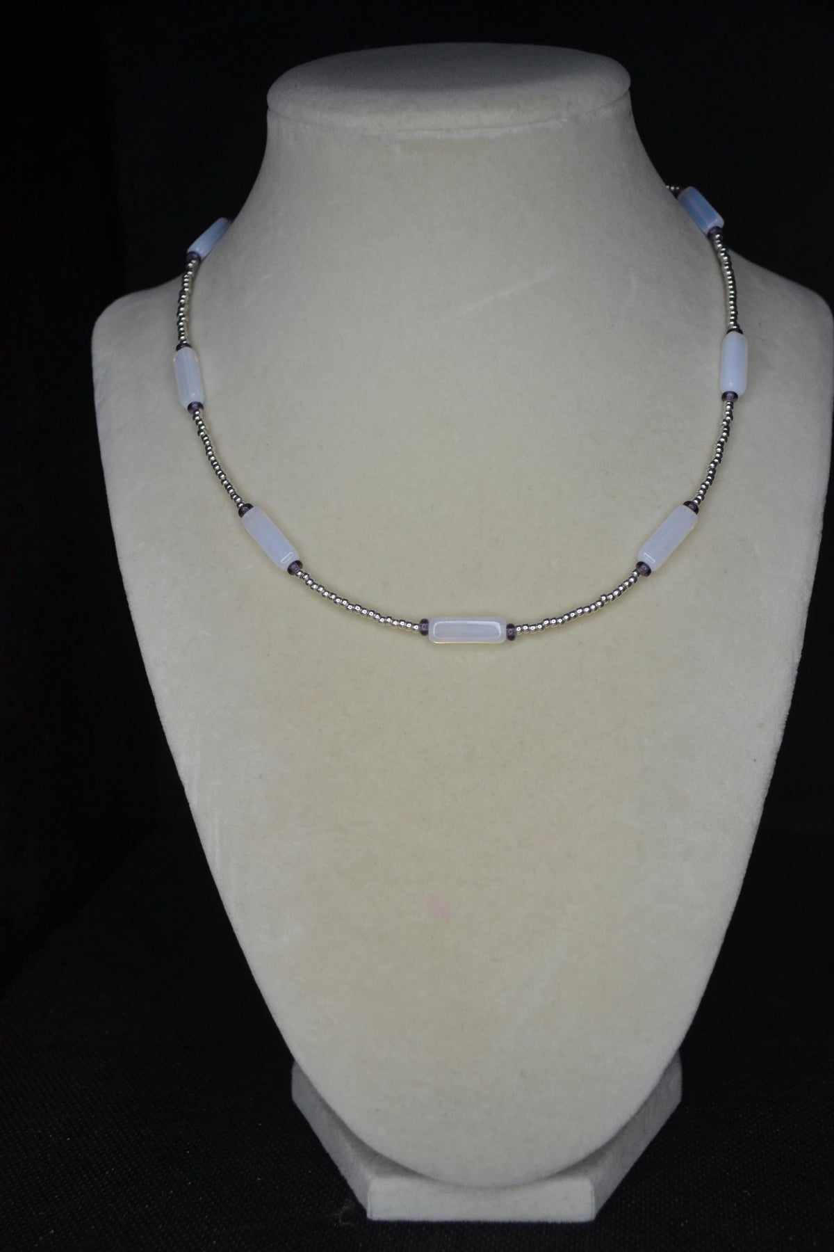Multicolor glass bead necklace. Silver, moonstone, and amethyst