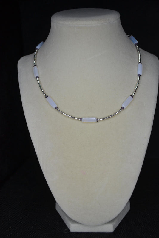 Multicolor glass bead necklace. Silver, moonstone, and amethyst