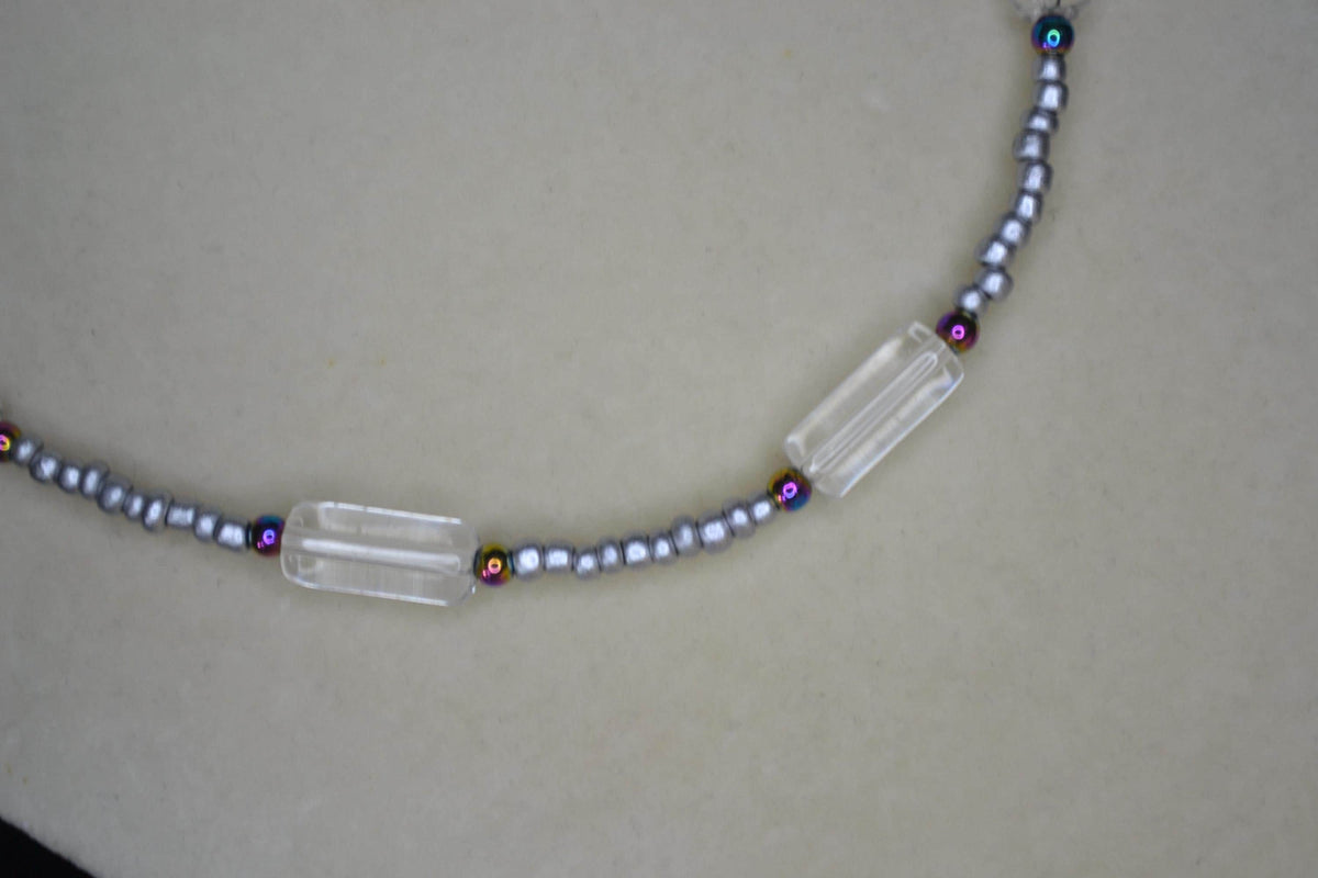 Multicolor glass bead necklace. Silver and oil spill