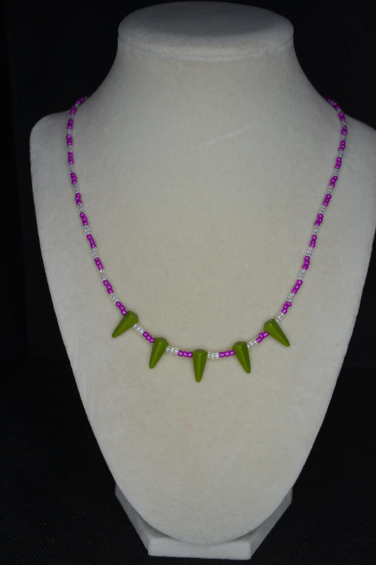 Multicolor glass bead choker. Olive daggers, pink, and iridescent clear