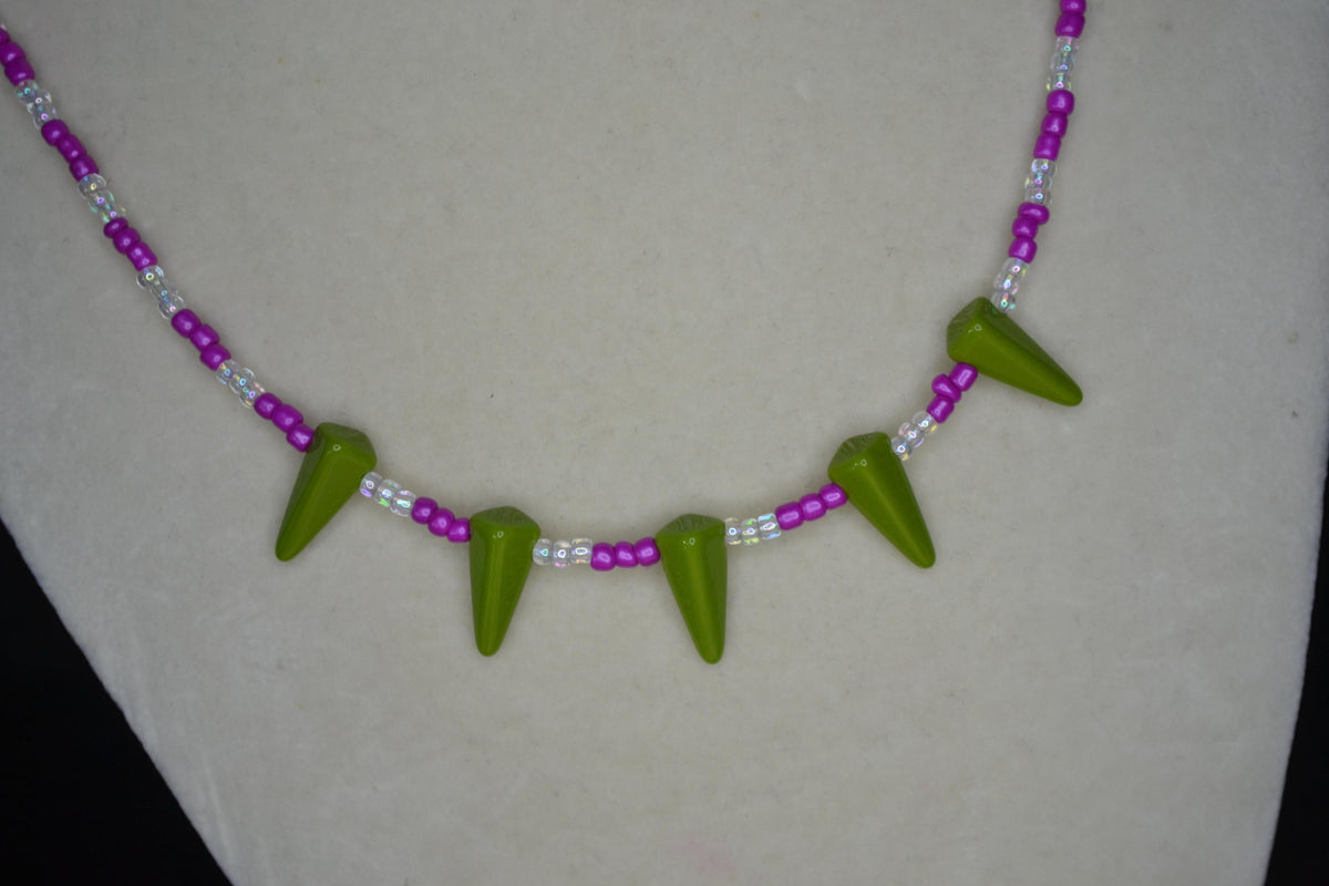 Multicolor glass bead choker. Olive daggers, pink, and iridescent clear