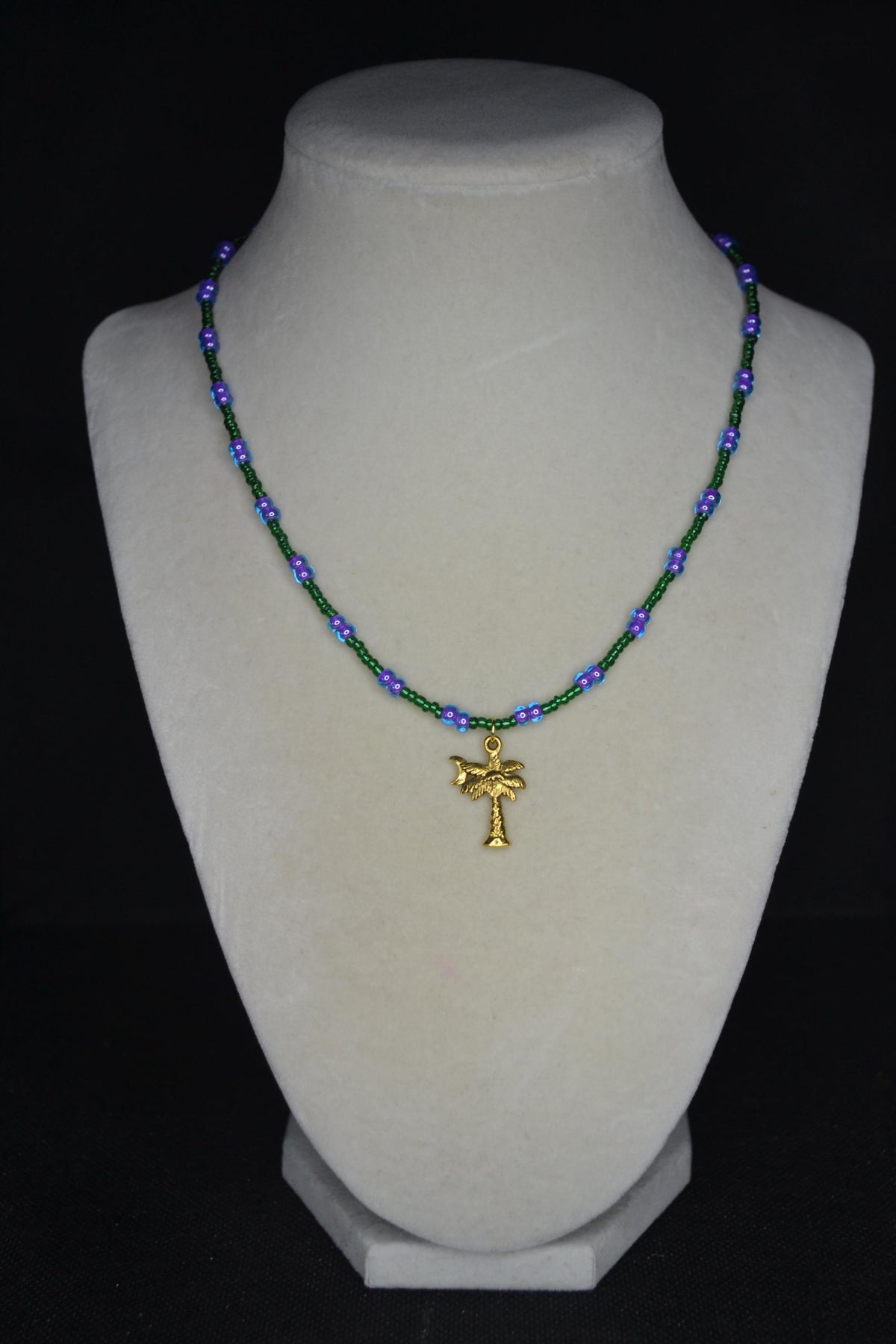 Gold Palm tree pendant glass bead choker. Green and blue violet
