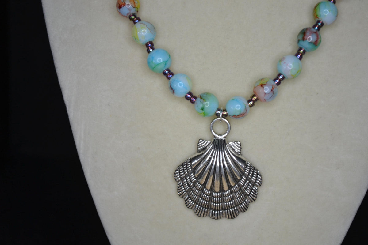 Silver sea shell pendant glass bead necklace. Confetti and metallic black