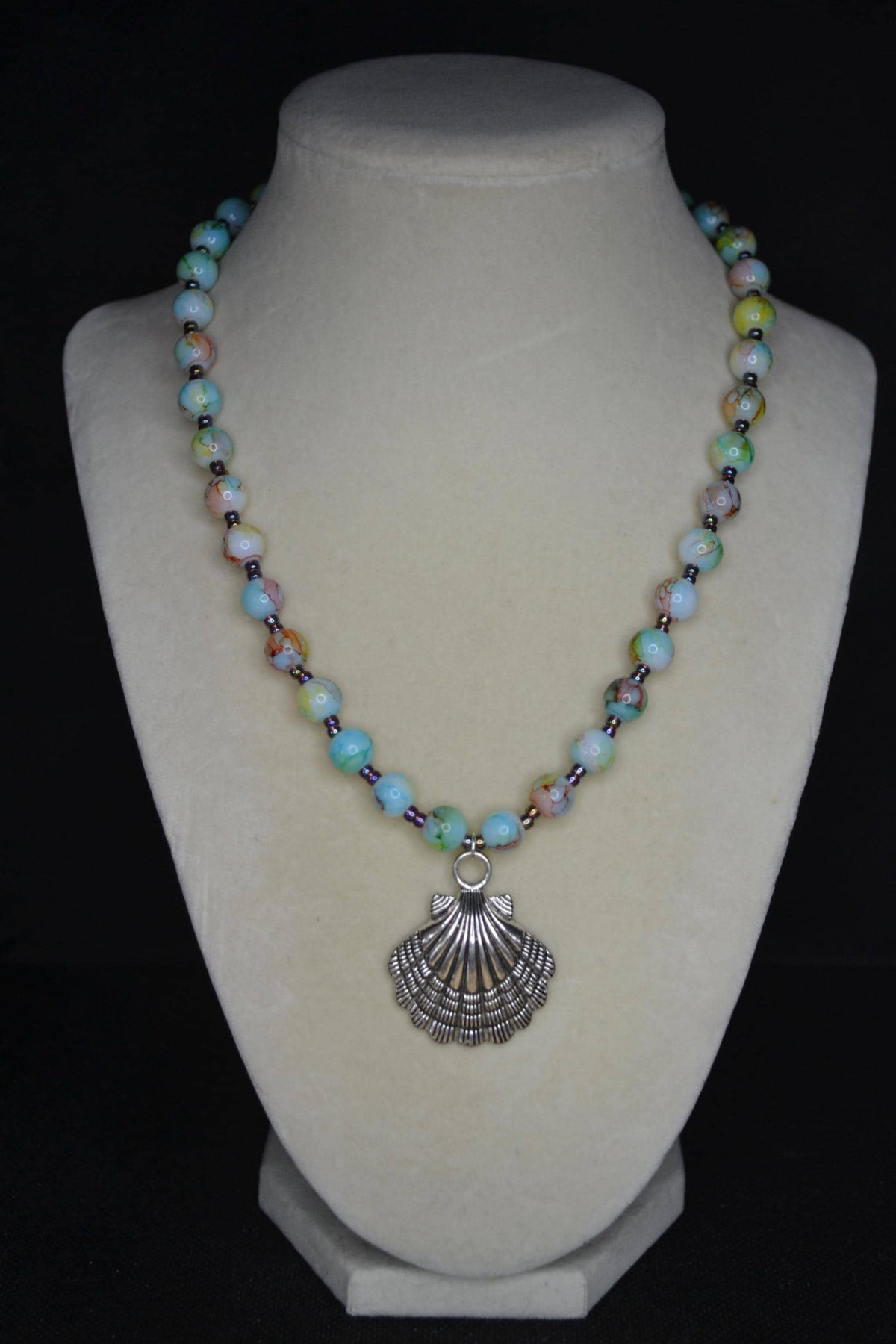 Silver sea shell pendant glass bead necklace. Confetti and metallic black