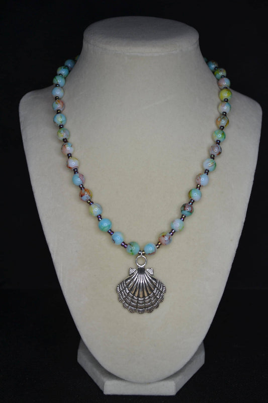 Silver sea shell pendant glass bead necklace. Confetti and metallic black