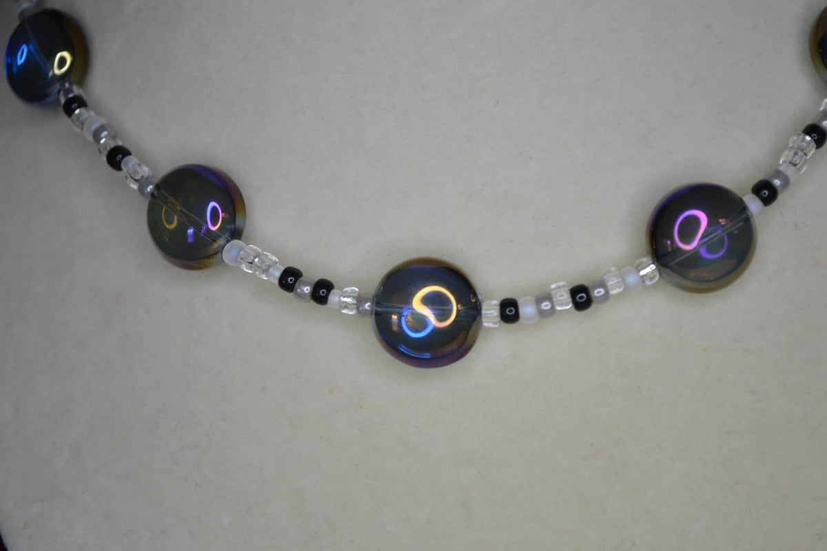 Multicolor glass bead choker. Iridescent blue, black, grey, and white