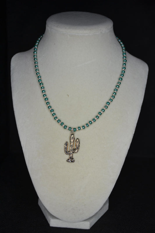 Silver Cactus pendant glass bead necklace. Turquoise and bone