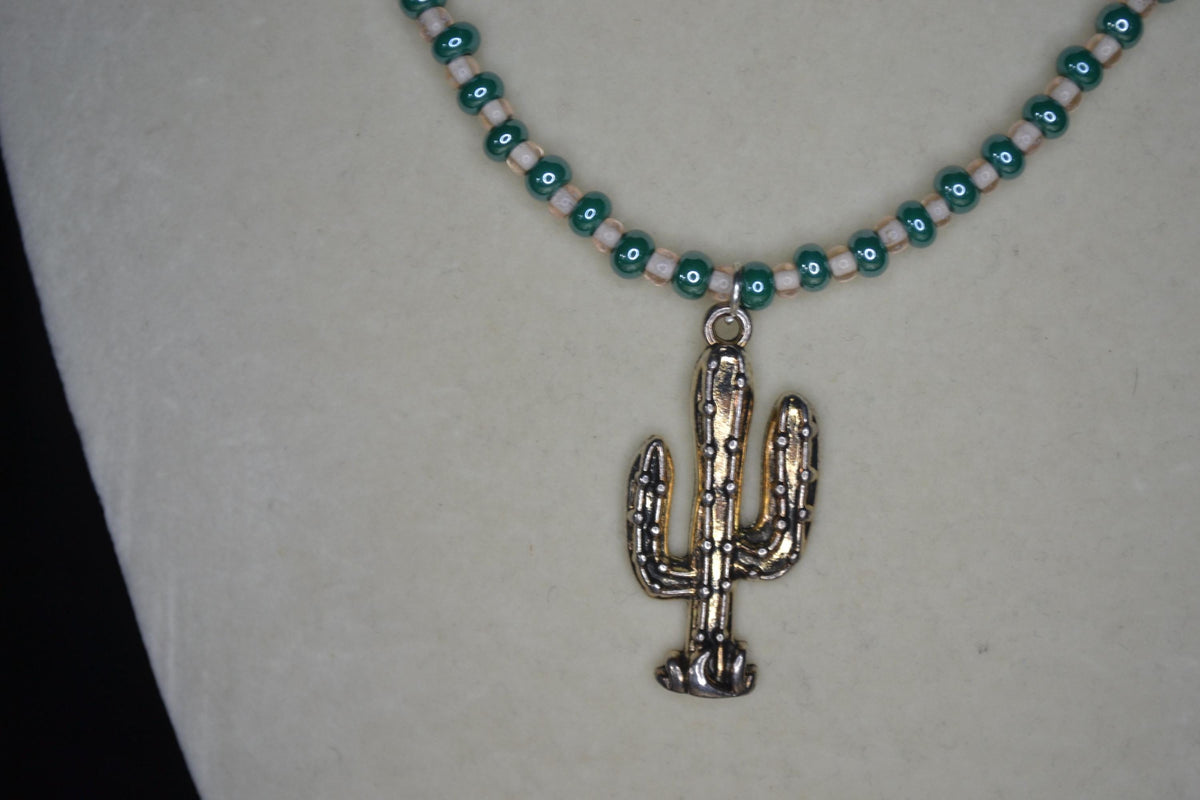 Silver Cactus pendant glass bead necklace. Turquoise and bone