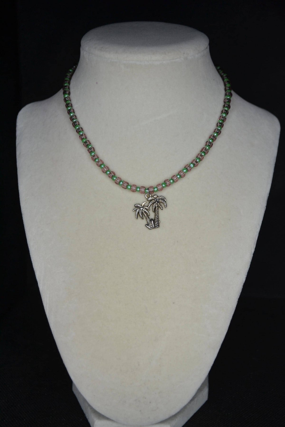 Silver Palms pendant glass bead choker. Amethyst and green