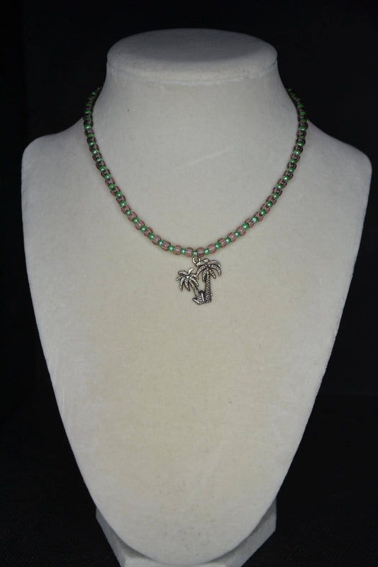Silver Palms pendant glass bead choker. Amethyst and green