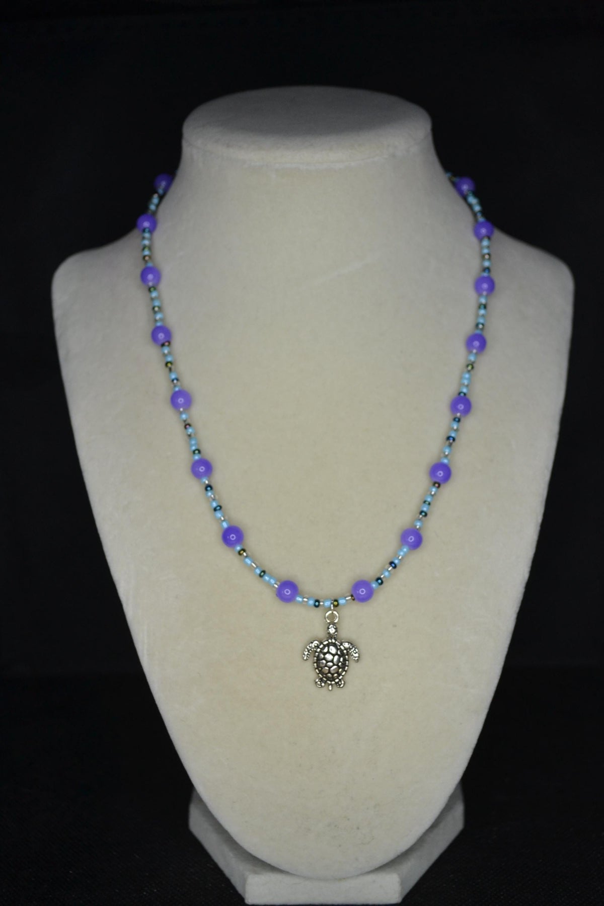 Silver Turtle pendant glass bead necklace. Deep sea