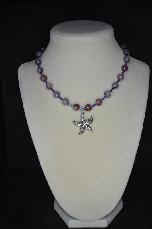 Silver Starfish pendant glass bead choker. Blue and red