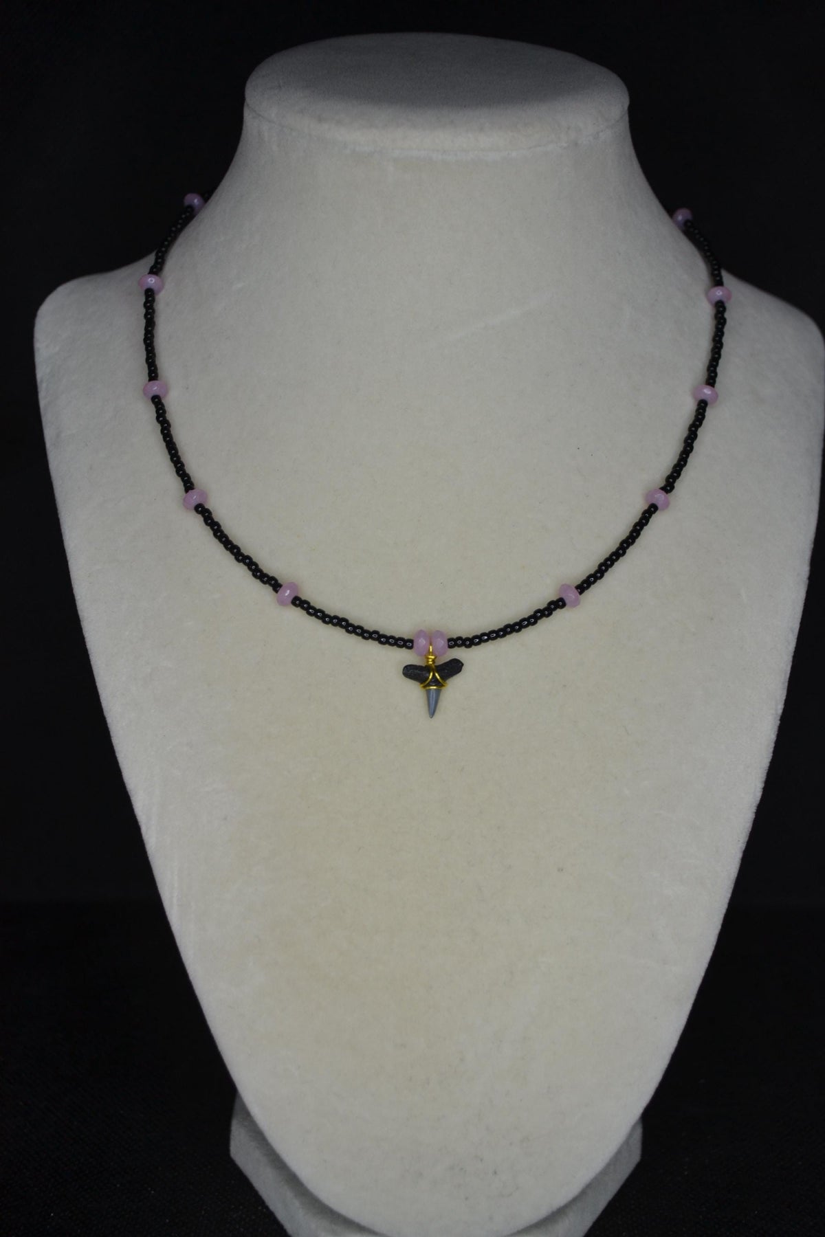 Wire wrapped sharks tooth beaded choker. Black and rose