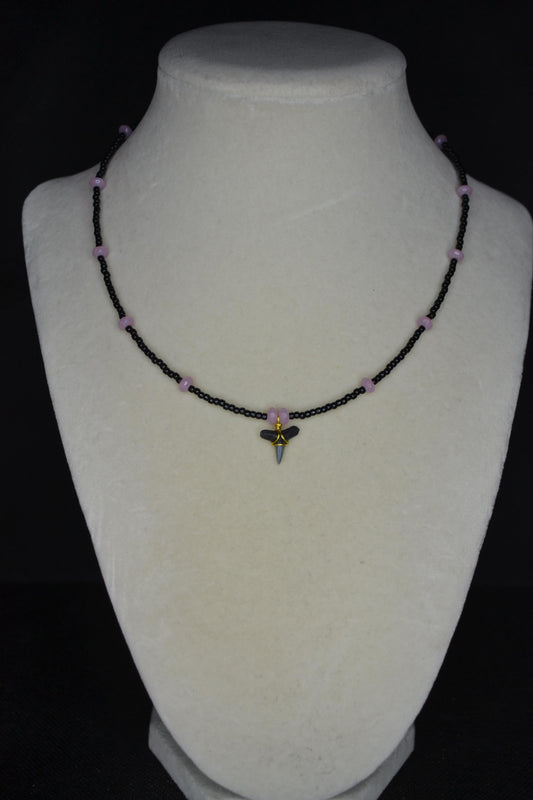 Wire wrapped sharks tooth beaded choker. Black and rose