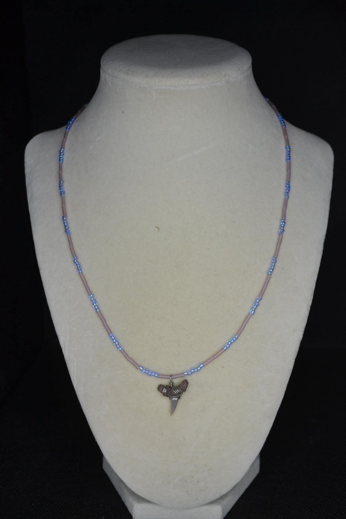 Wire wrapped sharks tooth beaded necklace. Blue and light amethyst
