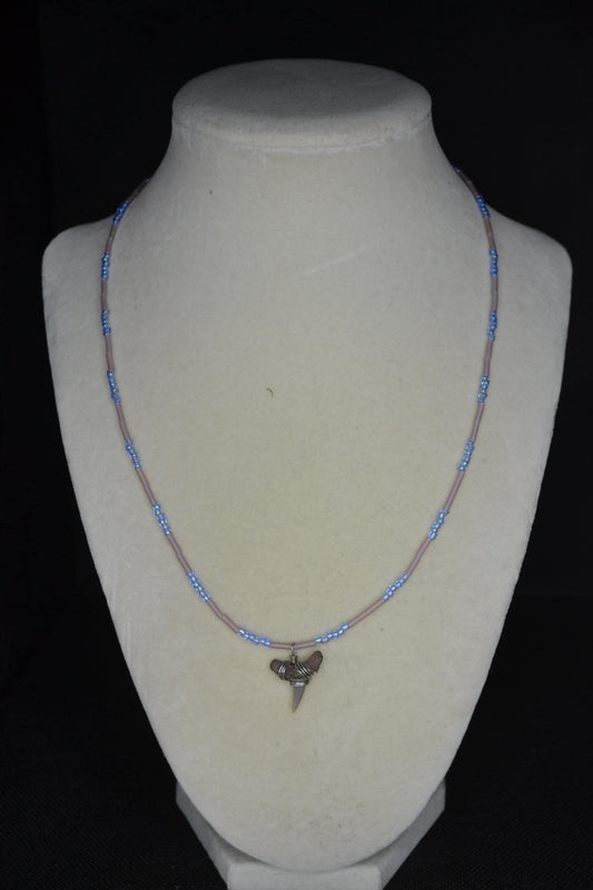 Wire wrapped sharks tooth beaded necklace. Blue and light amethyst