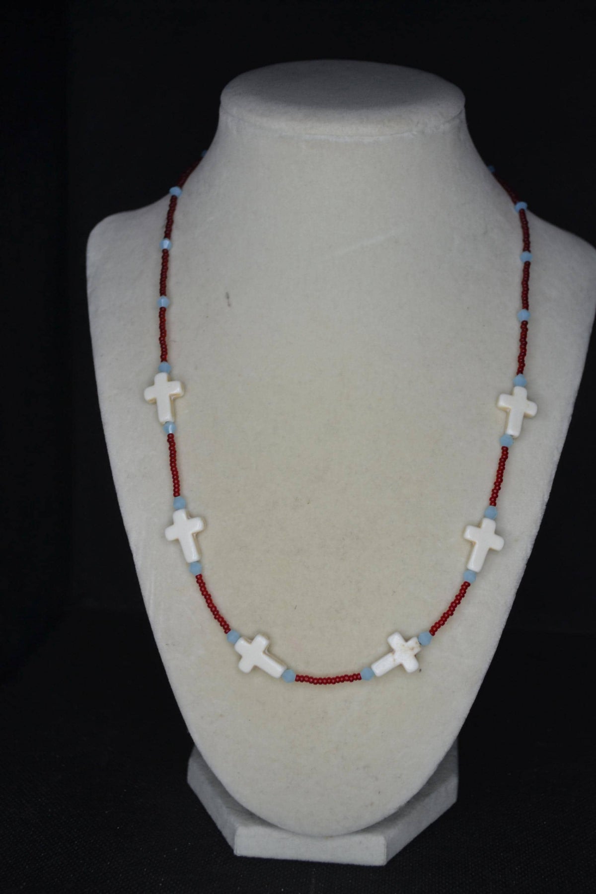 Beaded Cross glass necklace. Red, white, and blue