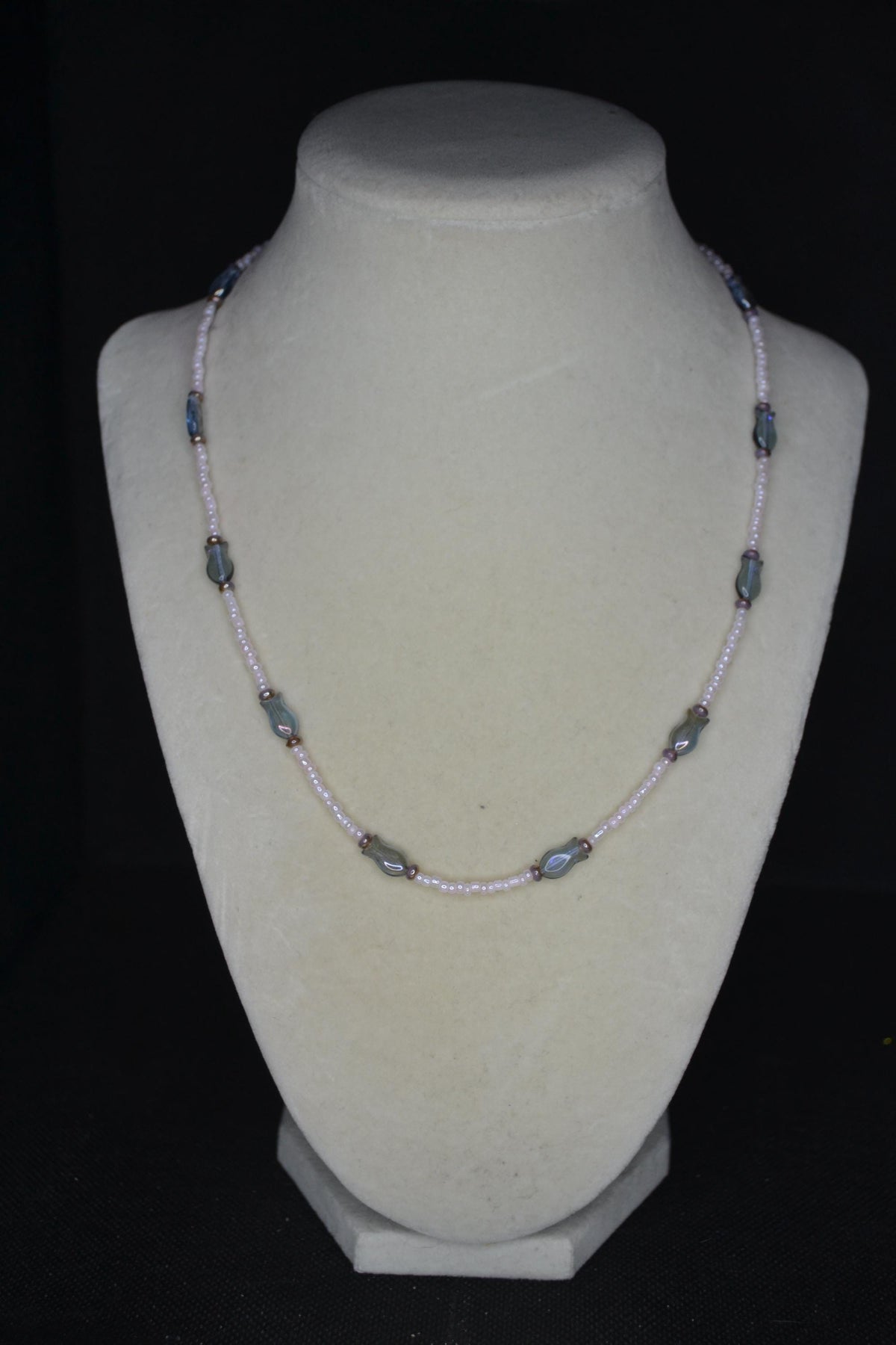 Beaded fish necklace. Blue, pink pearl, and amethyst