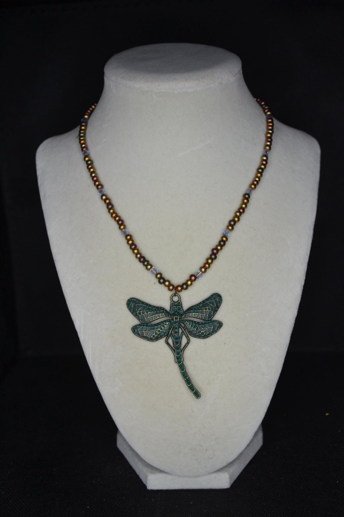 Bronze Dragonfly pendant glass bead necklace. Mixed bronzes and light blue