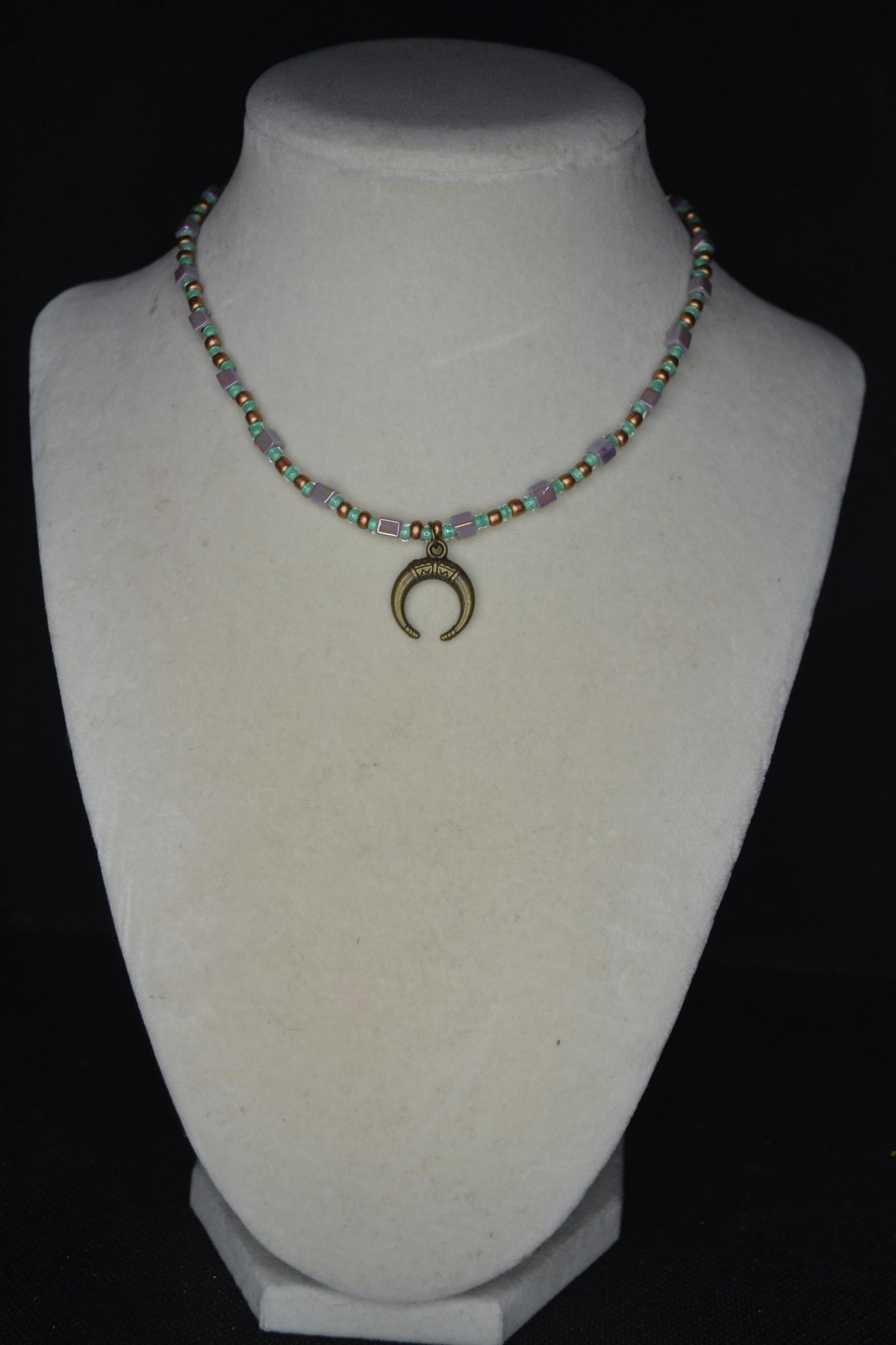 Bronze hook pendant glass bead choker. Bronze, teal, and iridescent purple