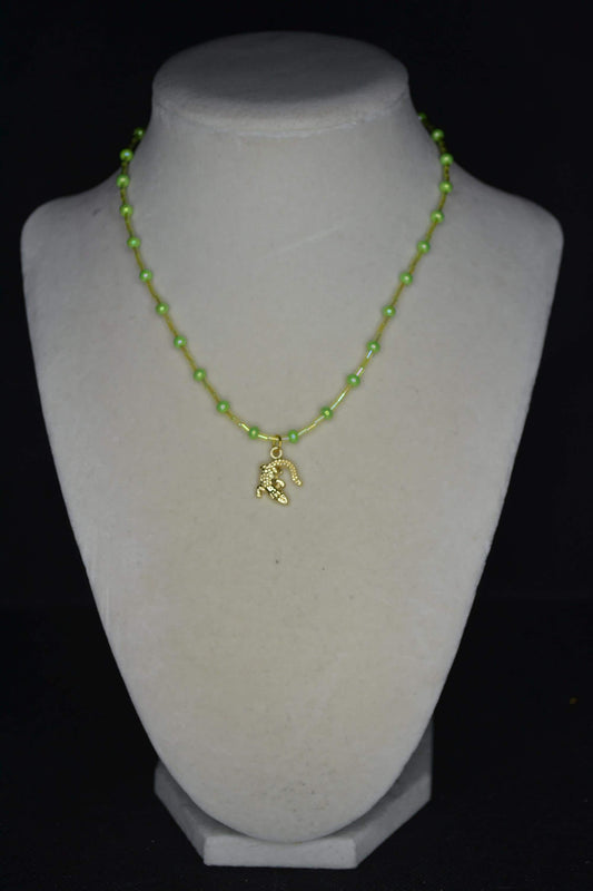 Gold Alligator pendant glass bead necklace. Mixed greens
