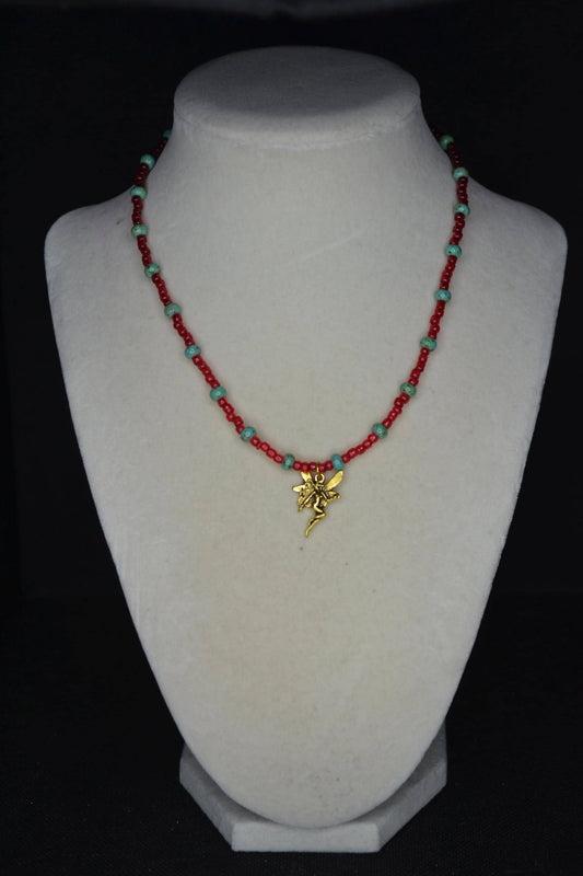Gold fairy pendant glass bead choker. Red & Picasso turquoise