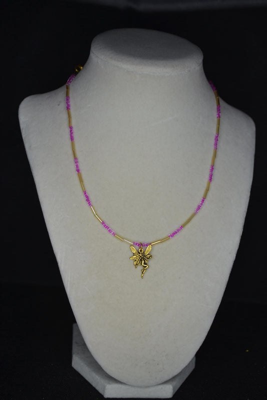 Gold fairy pendant glass bead necklace. Iridescent yellow & fuchsia