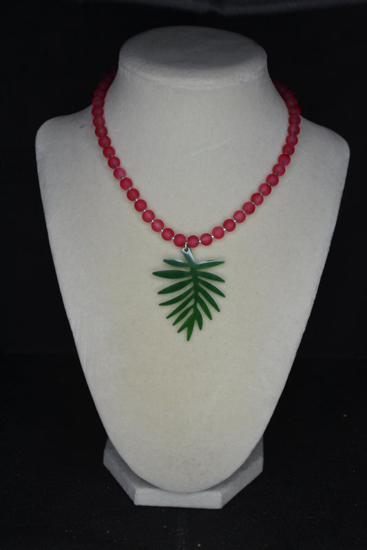 Green Monstera pendant glass bead choker. Frosted Red and silver