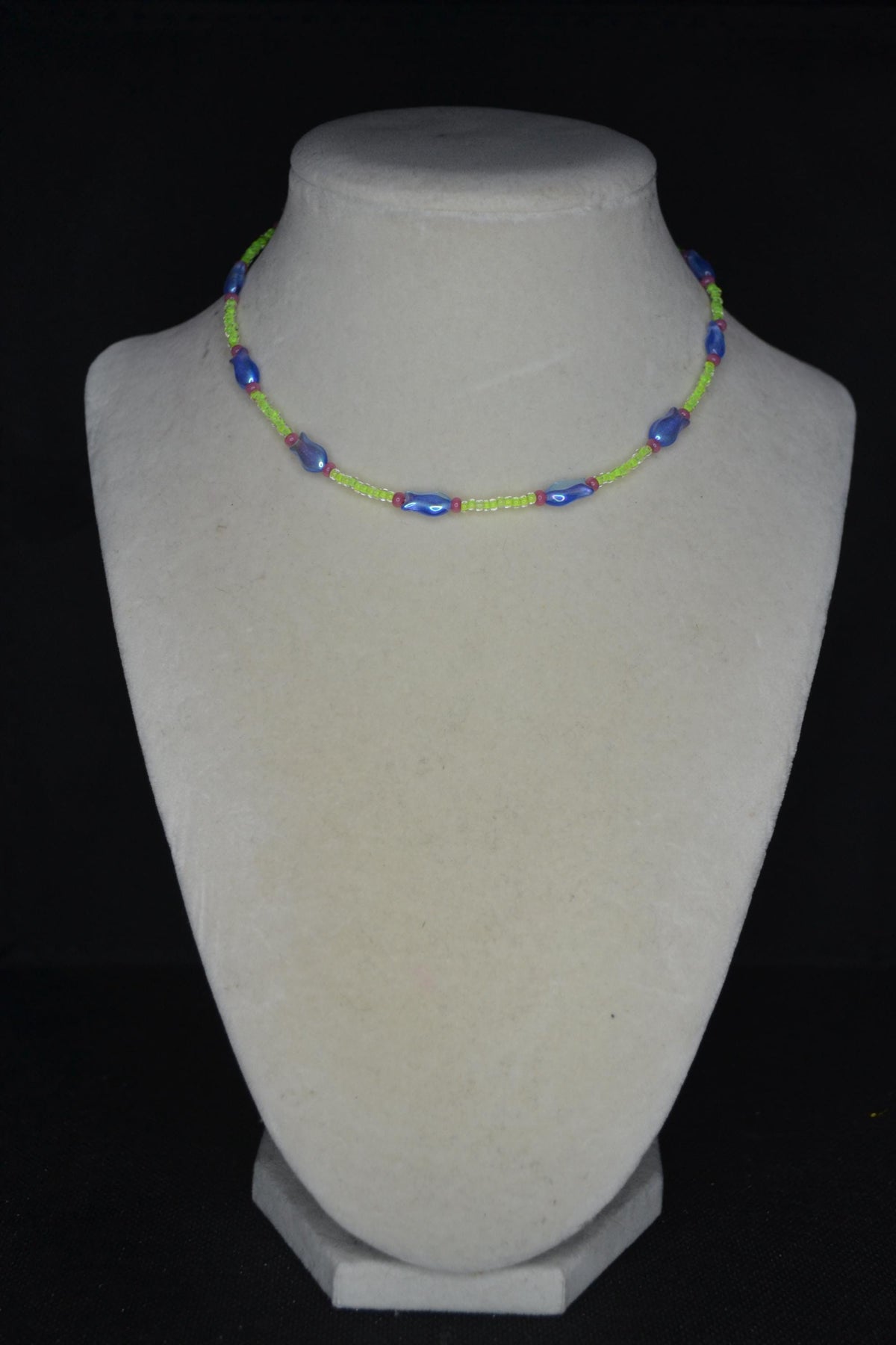 Multicolor fish glass bead choker. Lime, blue, and raspberry