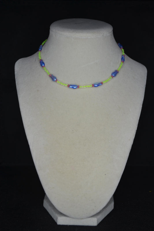 Multicolor fish glass bead choker. Lime, blue, and raspberry