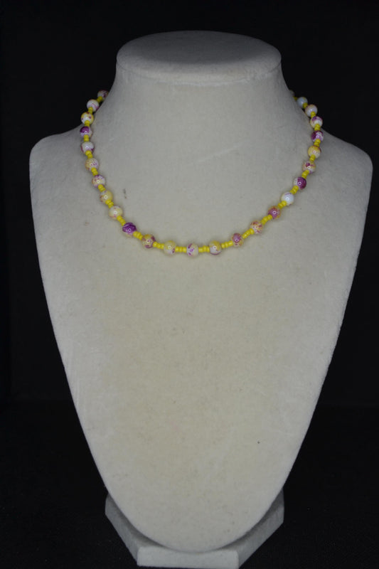 Multicolor glass bead choker. Tie dye purple and yellow