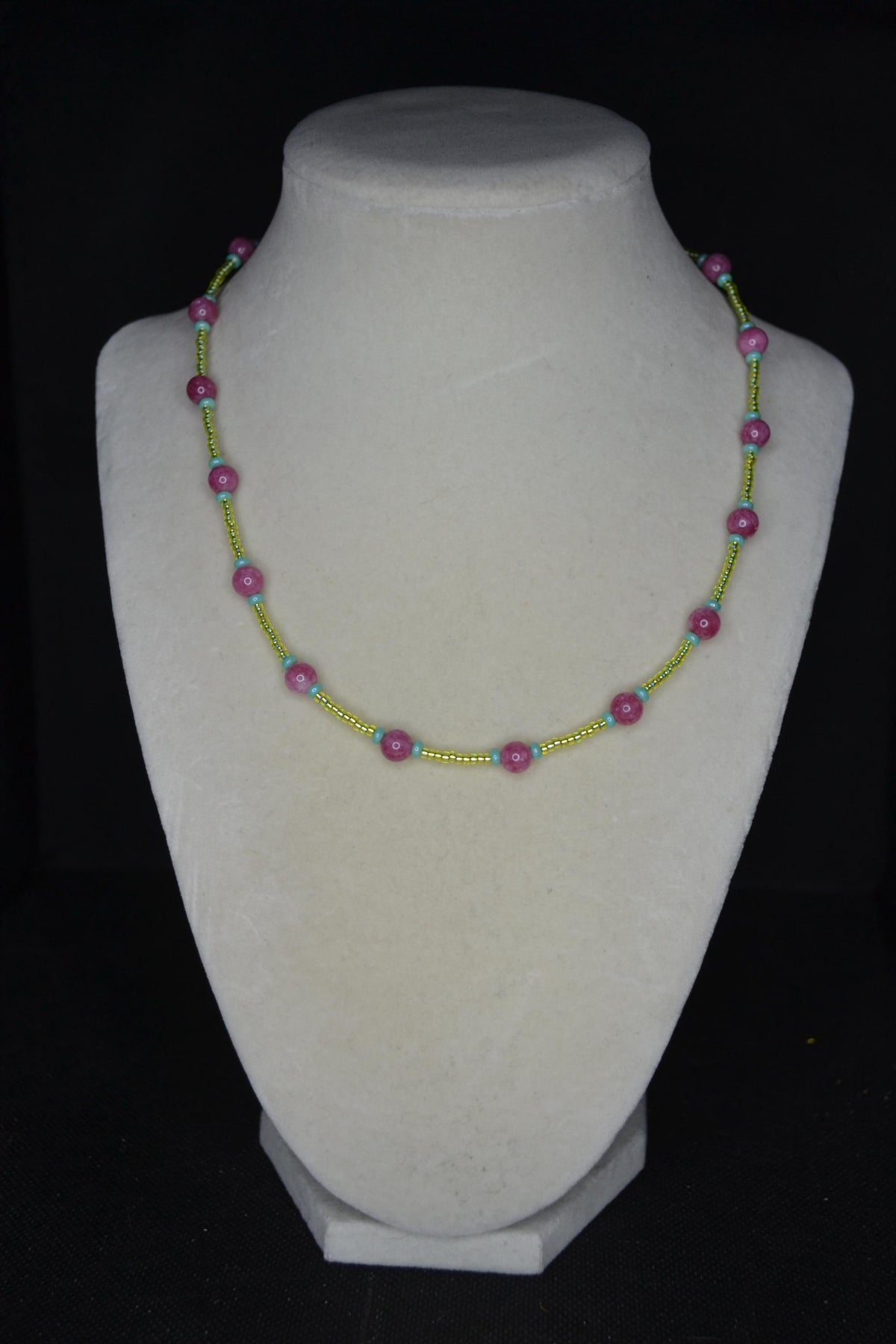 Multicolor glass bead necklace . Cranberry, turquoise, and lime