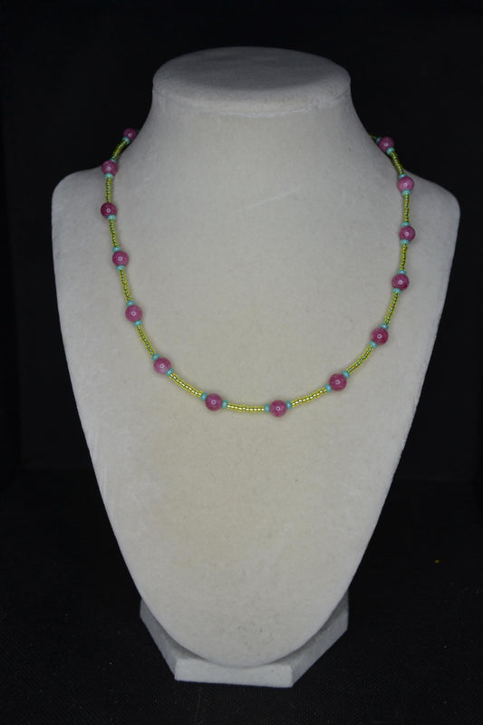 Multicolor glass bead necklace . Cranberry, turquoise, and lime