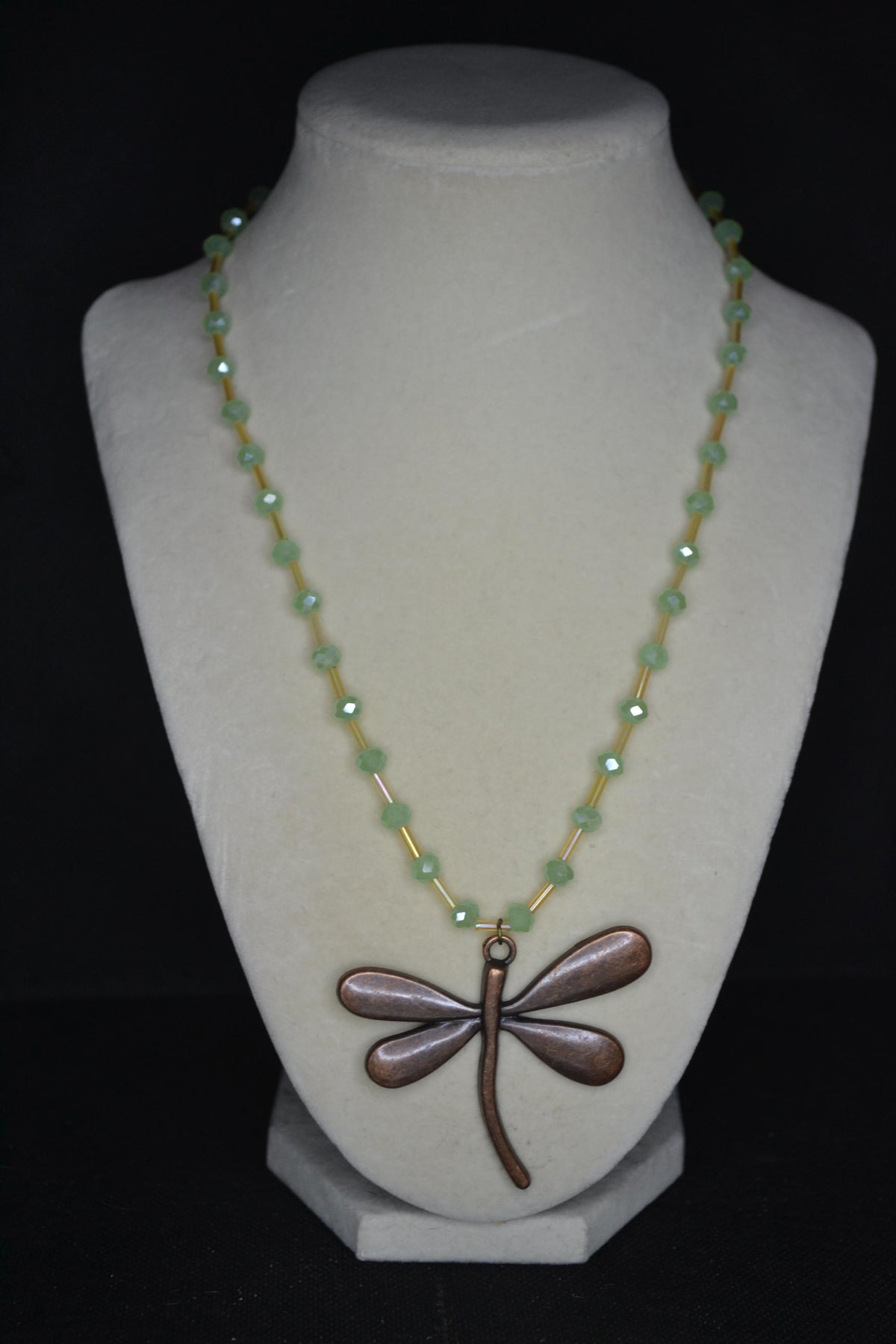 Bronze Dragonfly pendant glass bead necklace. Green and champagne