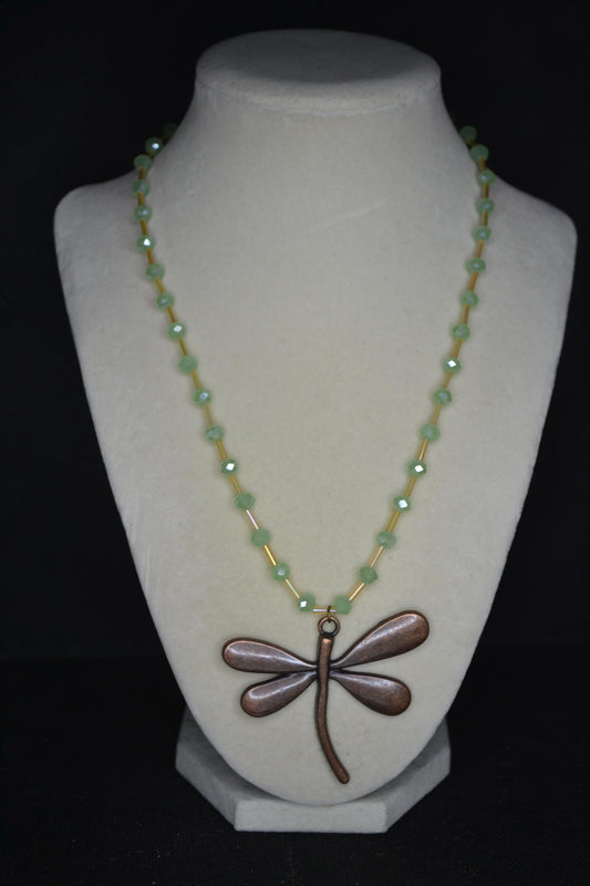 Bronze Dragonfly pendant glass bead necklace. Green and champagne