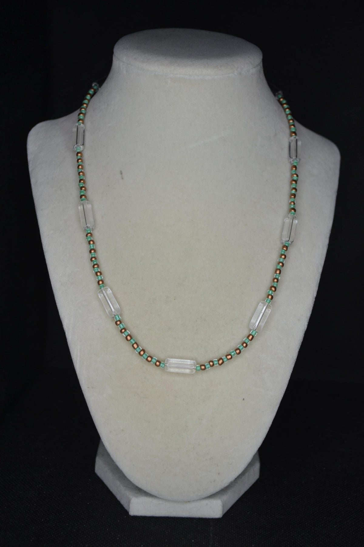 Multicolor glass bead necklace. Bronze and teal