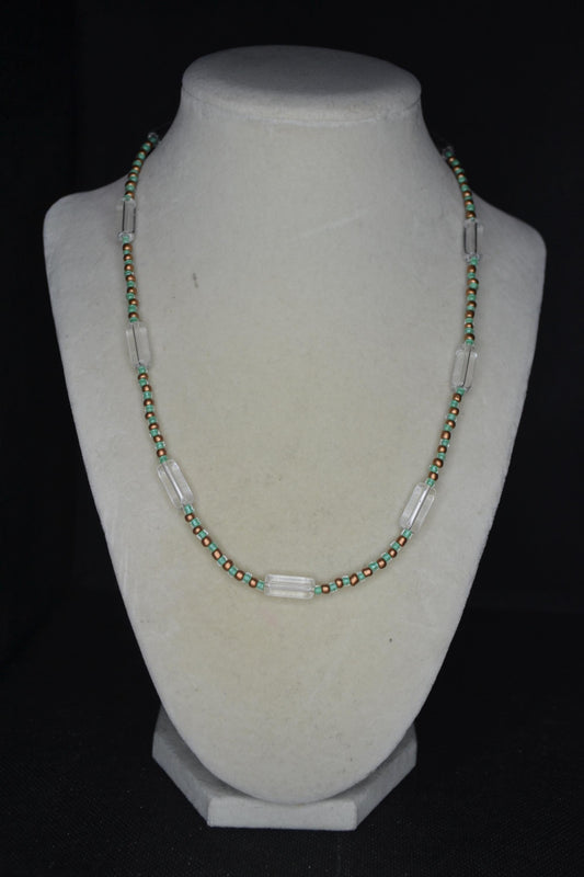 Multicolor glass bead necklace. Bronze and teal
