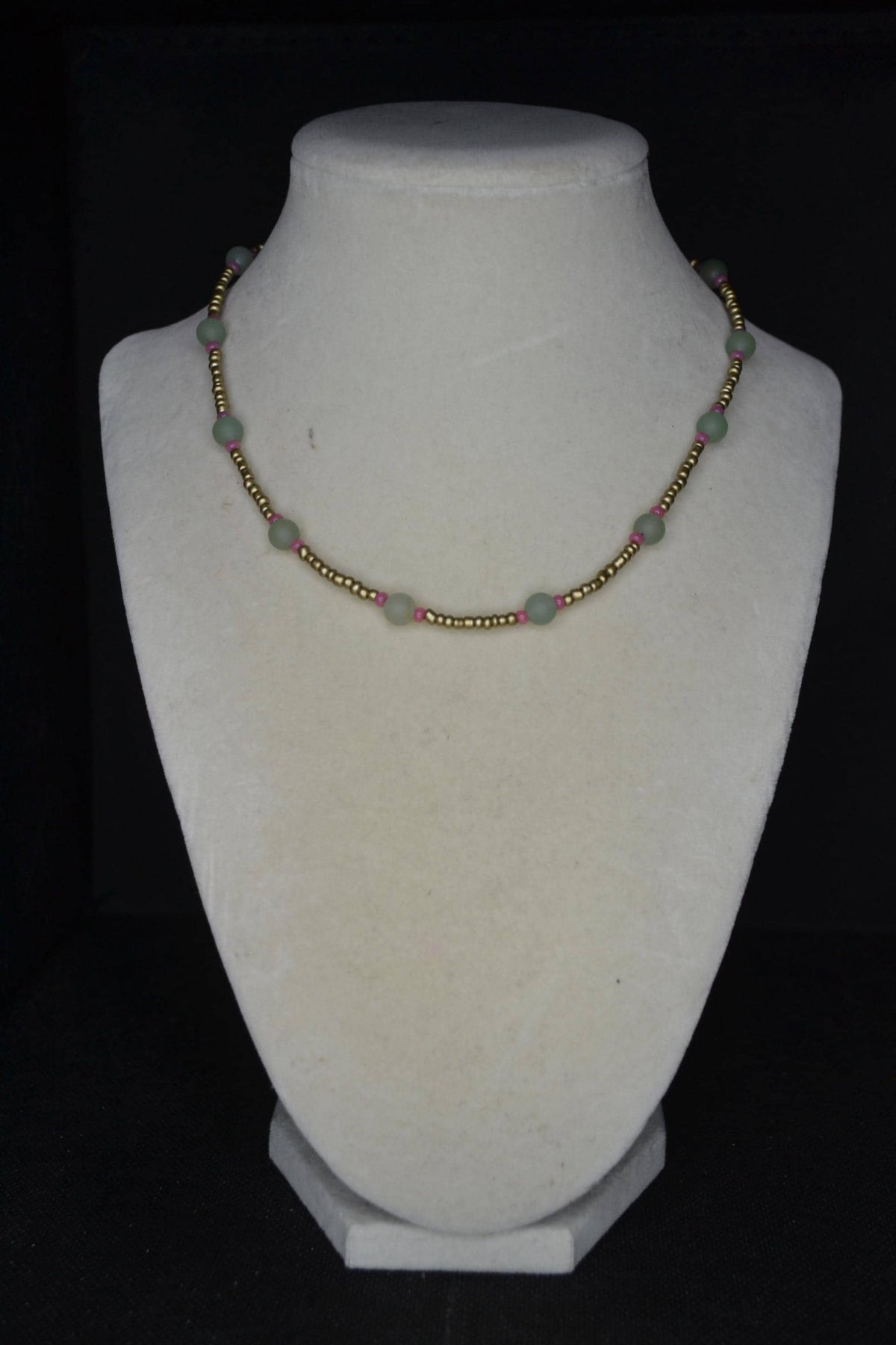 Multicolor glass bead necklace. Gold, sea glass, and raspberry
