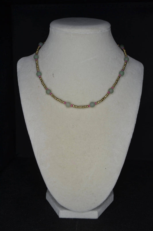 Multicolor glass bead necklace. Gold, sea glass, and raspberry