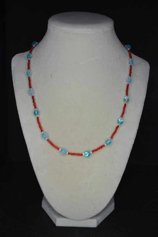 Multicolor glass bead necklace. Red and blue