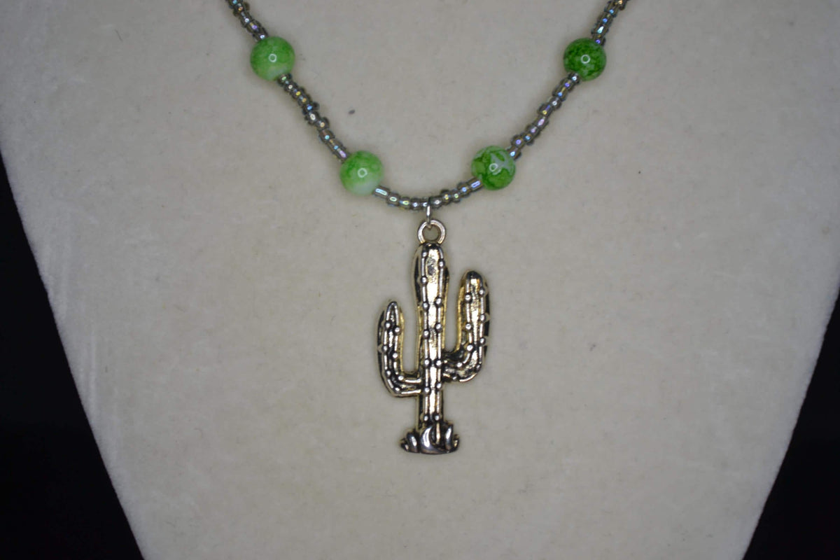 Silver Cactus pendant glass bead necklace. Marbled green & iridescent