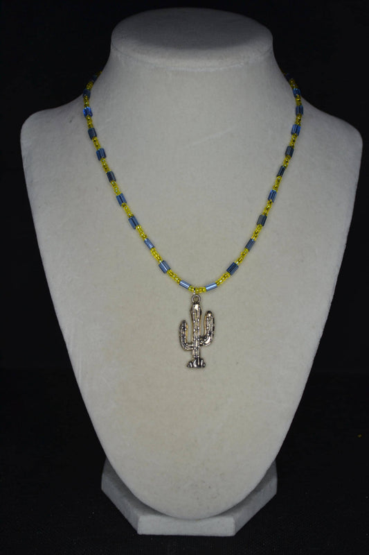 Silver Cactus pendant glass bead necklace. Yellow and blue