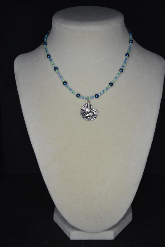 Silver Frog on lily pad pendant glass bead choker. Blues and greens