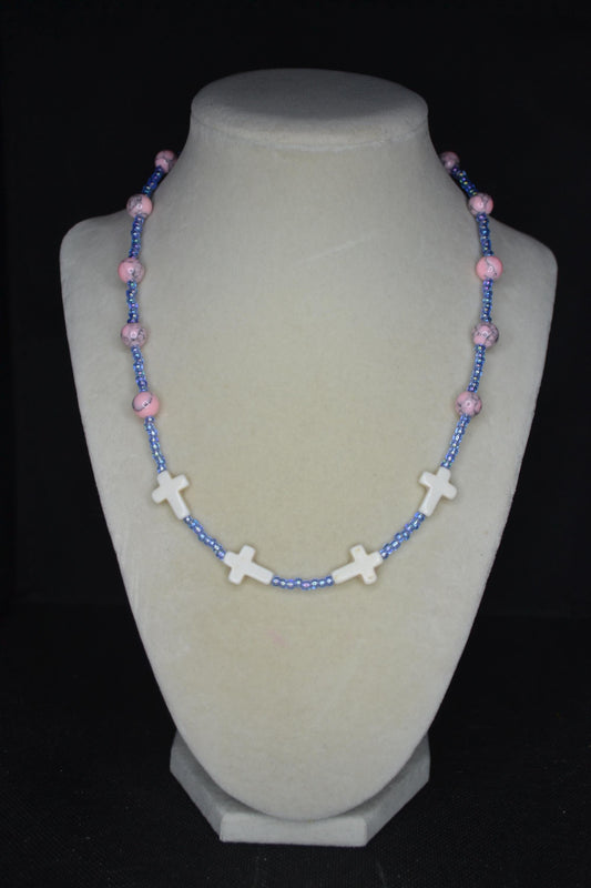 Beaded Cross glass necklace. Pink turquoise, white, and blue