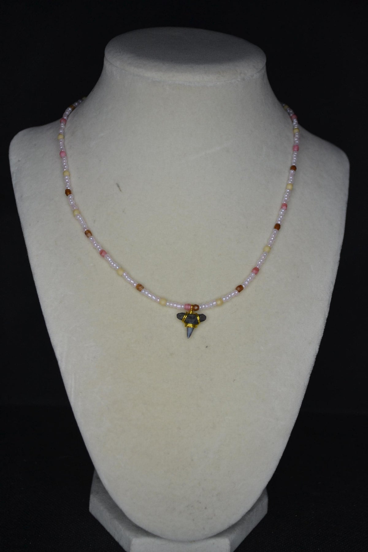 Wire wrapped sharks tooth beaded necklace. Neapolitan