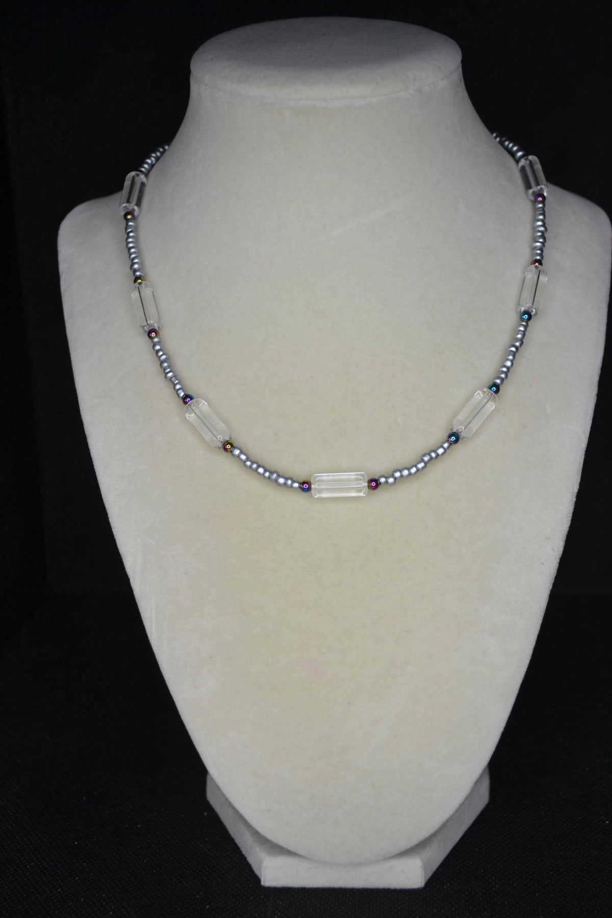 Multicolor glass bead necklace. Silver and oil spill