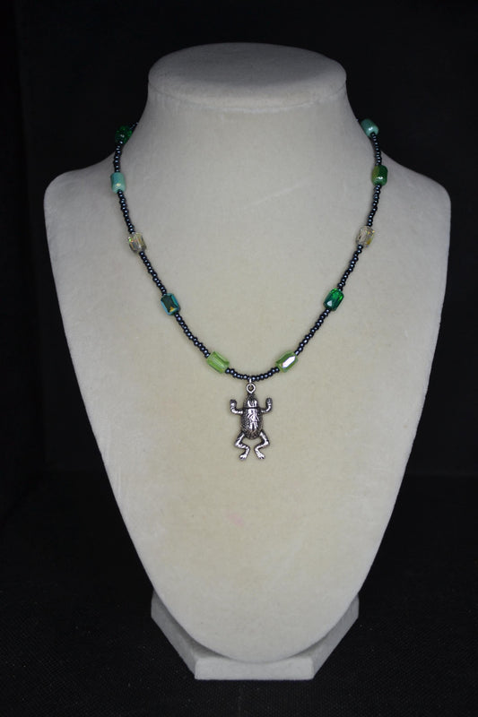 Silver Frog pendant glass bead necklace. Greens and metallic black