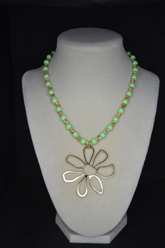 Gold Flower pendant glass bead necklace. Lime and Picasso