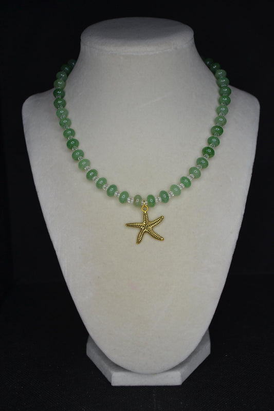 Gold Starfish pendant glass bead choker. Cracked green